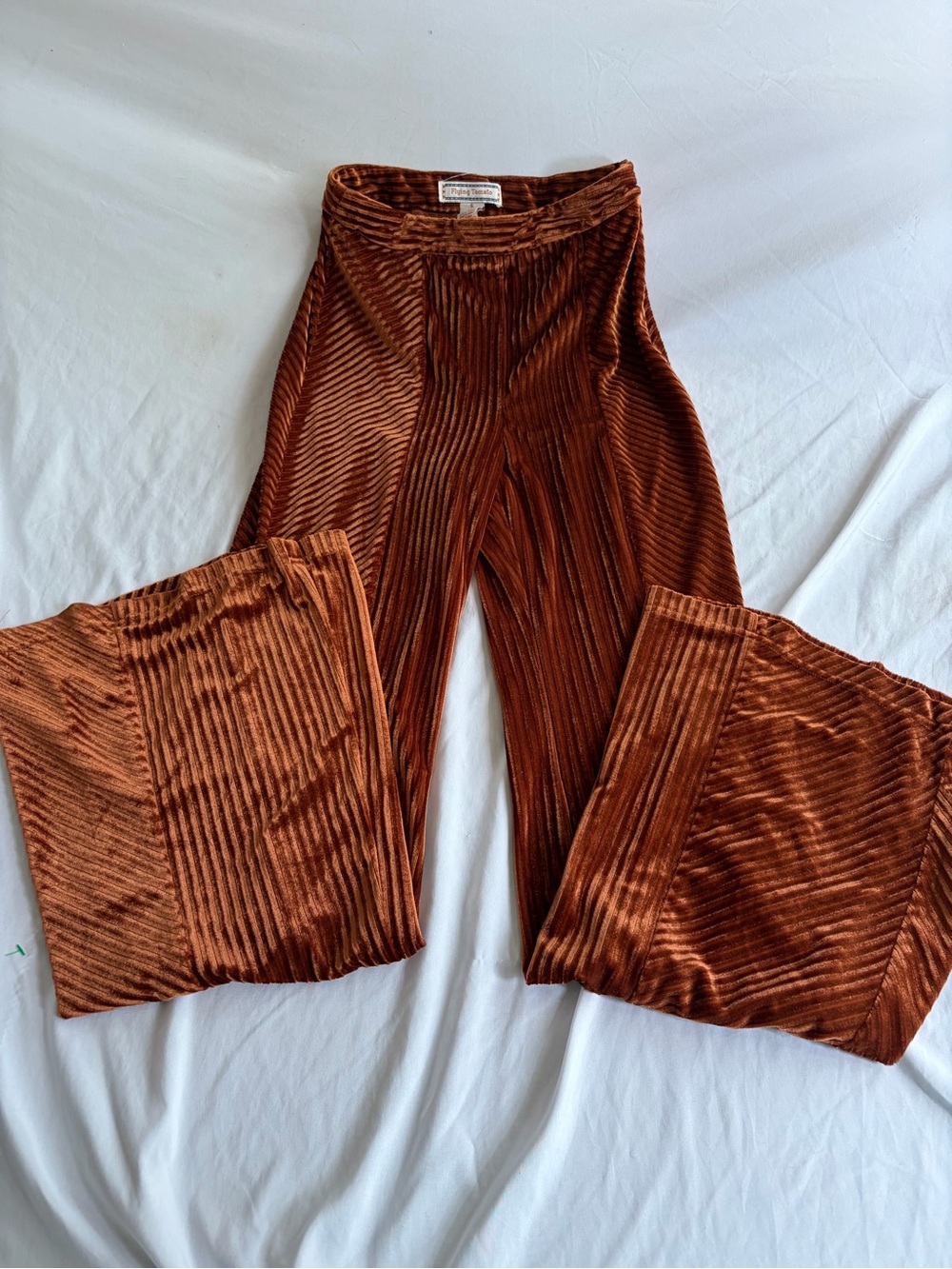 Flying Tomato Copper-Brown Ribbed Velvet Wide-Leg Statement Trousers Size Small